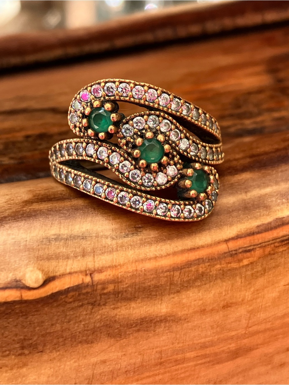 925 Turkish Handmade Ornate Ring Sterling Silver Bronze Emeralds